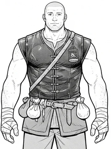 Gorm, a huge bald man in a leather vest with a tiny birdcage at his shoulder