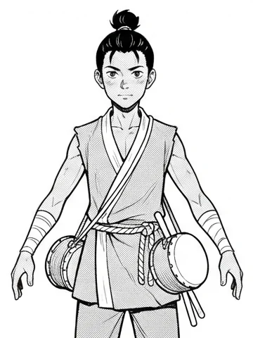 Tam, a young street drummer with a topknot and a small drum at his hip