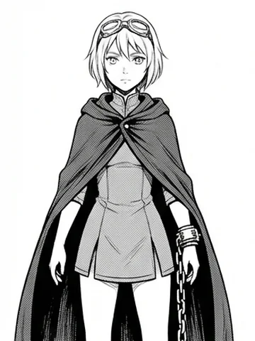 Vela, a young woman in a hooded cloak with goggles on her head